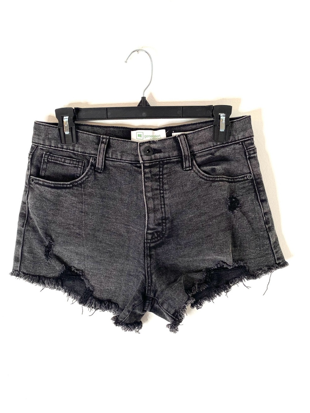 Black Distressed High Rise Button Fly Denim Cutoff Shorts Re Generation